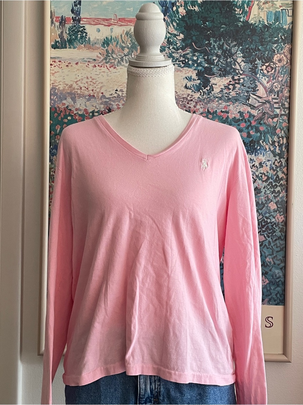 Ralph Lauren Sport Baby Pink Long Sleeve Top Sz L V-Neck Pony Logo Cotton Preppy